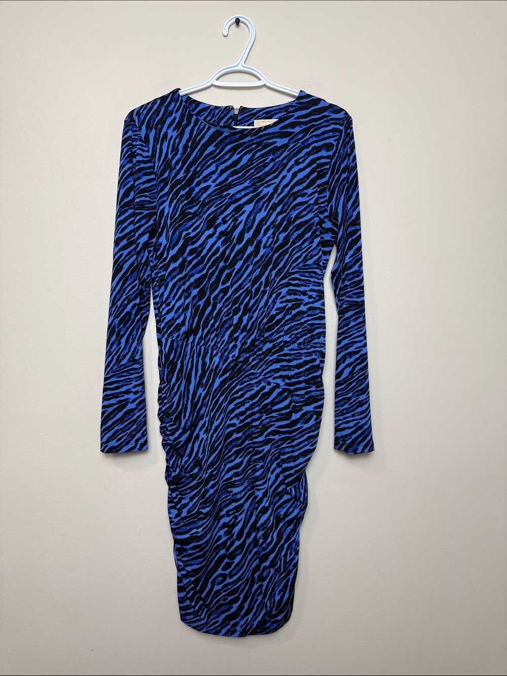 MICHAEL Michael Kors Blue and Black Zebra-Print Long Sleeve Ruched Dress size L